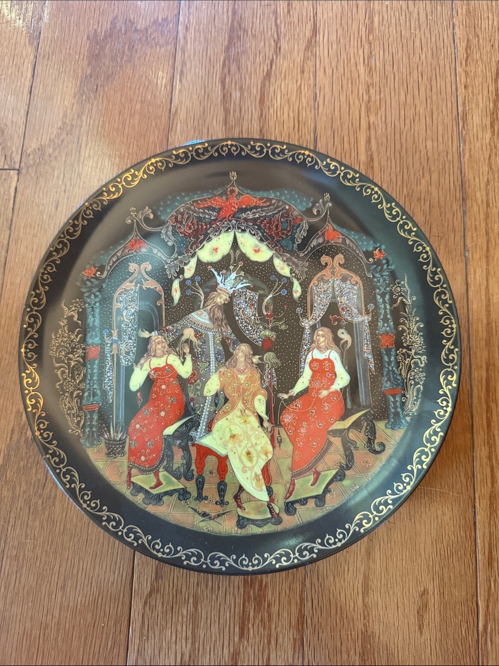 Decorative Russian-Style Painted Wall Plate in Red, Black and Gold